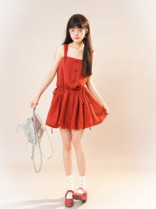 Váy Ngắn Chữ a Màu Đỏ Phong Cách Công Chúa Không Tay Eo Thắt Lưng Váy Nữ Mùa Hè Váy Ngắn Không Dây Váy Nữ