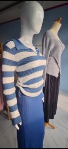 Vneck Tali Serut Ala Korea / Atasan Blous Rajut Stipe Kerah Polo / Outpit Terbaru Kekinian