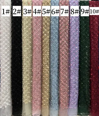 Fresh Style Embroidered Beaded Grid Lace Fabric 3+7mm Bead Strips Dress Costume Fabric Polyester Standard Quality for Various...