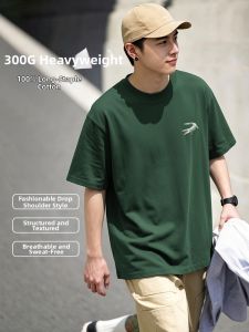 FENGGE | Cotton Heavyweight Mens Short Sleeve Round Neck Loose Casual T-Shirt 300g