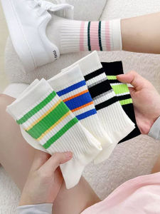 5Pairs New womens autumn and winter rainbow striped mid tube cotton socks versatile mid tube socks with color blocking stripes