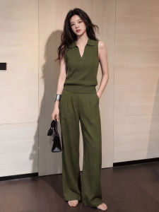 DANTING | Elegant Retro Green Knit Tank and Wide-leg Pants Set