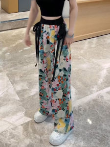 Colorful Graffiti Chiffon Wide Leg Pants Women High Waist Draped Summer Thin Loose Straight Casual Ice Silk Trousers