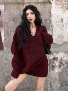 BINKAFENNY | Red Knitted Dress French Style Tea Break Womens Loose Slimming Autumn Winter Short Skirt High Waist V-neck Sweater Dress