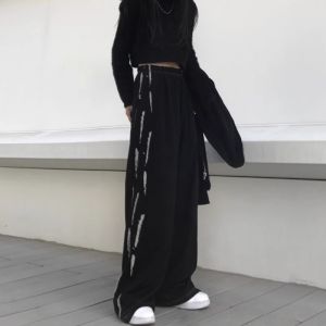 Quần Ống Rộng Cạp Cao Màu Đen Phong Cách Đường Phố Mùa Hè Cho Nữ Quần Dài Ống Đứng Rộng Rãi Thoải Mái