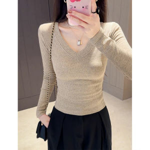 Áo Thun Dài Tay Cổ Chữ V Ôm Vừa Vặn Phong Cách Hàn Quốc Cho Nữ Mùa Đông 2025 Áo Sơ Mi Cơ Bản Mới Cho Nữ