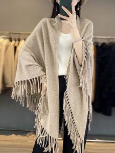 Extra Large Size Pure Cashmere Shawl Versatile Warm Tassel Knitted Woolen Cowl Neck Scarf Autumn Winter Two-Way Use Wrap Scarf
