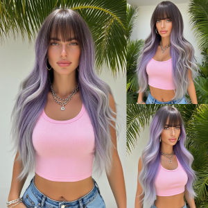 Fashion Purple to Gray Ombre Long Wavy Wig with Bangs for Women - 28 Inch Heat Resistant Synthetic Curls Natural Style Suitabl