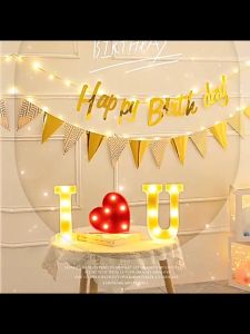 Happy Birthday Banner with Lights Backdrop Set Foil Triangle Banner Hollow Star Paper Garland Banners Party Decoration Kit For Baby Shower Boy Girls Birthday Home Decor