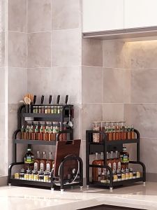 ที่วางเครื่องปรุง ชั้นวางเครื่องปรุง 2/3ชั้น ชั้นวางของในครัว สแตนเลสเคลือบสีดำ มีที่วางเขียงและที่วางมีด