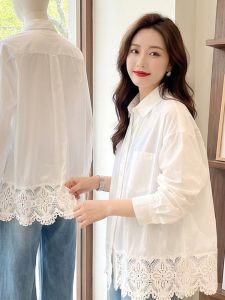 Moxueer | Áo Blouse Dài Tay Trắng Thêu Ren Plus Size Mùa Thu