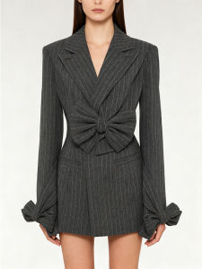 Vintage Striped Bow Waist-Cinching Suit Jacket