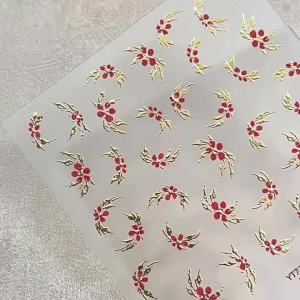 5D Relief Bronzing Gold/Silver Leaves Red Flowers Nail Stickers With Red Five-Petal Flower Decal Adhesive Metal Flowers Sliders