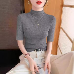 New Style Dark Floral Grey Mid-Sleeve Ribbed Half High Neck Base Shirt Womens 2024 Spring Autumn Knitted Tight Fit T-Shirt