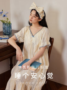 บริสุทธิ์ ผ้าฝ้าย ระบายอากาศได้ดี ฤดูร้อน ชุดนอน แขนสั้นแนวตั้ง ลายทาง เสื้อผ้าบ้านชุดราตรีเด็กผู้หญิง ลูกไม้ รายละเอียด V คอกลาง กระโปรง