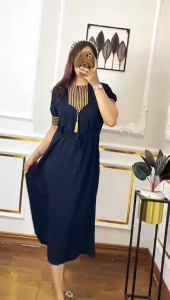 Dress Daster LD 110-120 Rayon Tebal Adem Polos Renda Resleting Depan dan Tali Pinggang