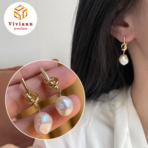 Viviann Original sterling silver Light Baroque Pearl Gold Earrings S925 Sterling Silver Knot Design Oil Painting Earrings Authentic 925 Sterling Silver Sweet Irregular Baroque Pearl Earrings For Women Wedding Party FIne Jewelry
