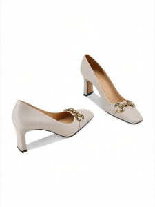 JESSICA SOPHIA | Trendy Square Toe Leather White Block Heel Shoes