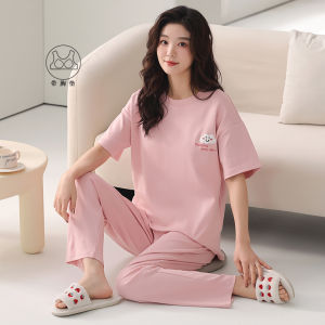 MiiOW | Pure Cotton Short Sleeve Sleepwear Womens Home Clothes Set With Chest Pad Cat Person Official New 2025 Summer Solid Color Outdoor Wearable