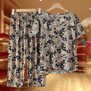 Bộ Đồ Lụa Cotton Mỏng Mùa Hè Cho Phụ Nữ Trung Niên Và Cao Tuổi Bộ Đồ Hai Mảnh Có Cổ Tròn Tay Thường Họa Tiết Hoa Và Chim