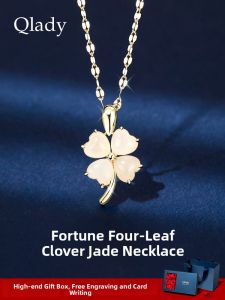 QLADY | Four-Leaf Clover Jade Pendant Necklace Womens Silver Jewelry