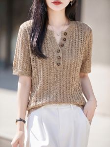SHEHAN | Vintage Style V-neck Button Embroidered Loose T-shirt