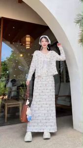 TW22268  Set 2 ชิ้น เสื้อแขนยาว ผูกเชือกโบว์ + กระโปงยาว ..