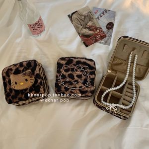 KT Leopard Print Velvet Jewelry Box Portable Classy Retro Trendy Young Adult Heart Bronzing Necklace Ring Desktop Storage Box
