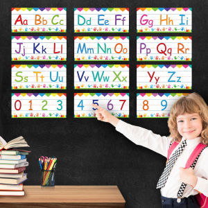 12PCS Alphabet Flashcards Wall Chart Bulletin Strips Set - Learn ABCs and Numbers English Words Memory Games Border with Glue Point Dot Strip Border for Preschool Kindergarten Classroom Wall Decorations Montessori Toy Learning Materials for Kids