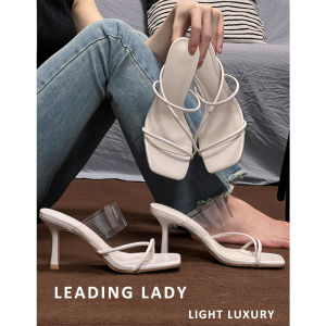 Womens Summer 2024 Sandals Square Head Thin Heel Open Toe High Heels One-Strap Comfortable Transparent Slip-On Shoes