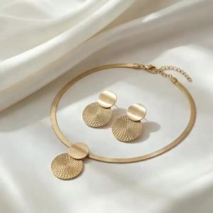 Minimalist Gold Color Herringbone Choker & Earring Set Brushed Textured Double Disc Jewelry Set For Women Daily Office Wear