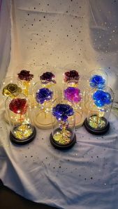 Valentines LED Light Gold Foil Rose Glass Cover 金箔玫瑰花~玻璃罩LED灯发光~永生仿真花情人节礼物
