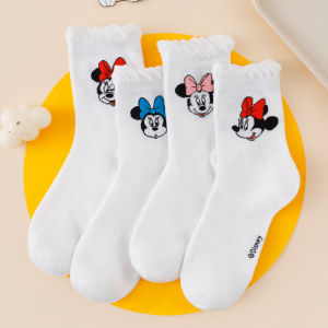 Disney | 4 Pairs of New Disney Minnie White Round Neck Socks With Cute Cartoon Print and Ruffled Casual Cotton Edges for Women and Girls