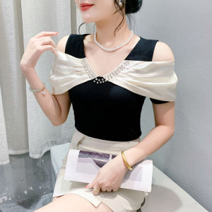 Yige lá sen Áo thun hở vai dát kim cương tay ngắn cho nữ áo cotton tương phản cổ chữ V Hàn Quốc mùa hè 2024 mới