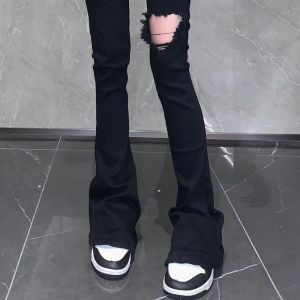Black High Waist Bell Bottom Jeans Womens Autumn High Street Style Distressed Micro Flared Pants Long Leggings