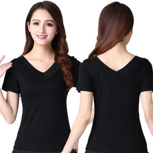 คอวี เสื้อยืด Modal ผู้หญิง เสื้อผ้าเต้นรําสแควร์แขนสั้นชุดออกกําลังกาย สลิมฟิต ฝึกซ้อม ชุดสูท ชุดเต้นรําฟิตเนส เสื้อท่อนบน