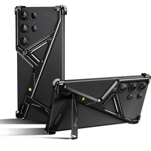 Oatsbasf Metal Phone Case for Samsung Galaxy S24 Ultra w/ Adjustable Kickstand Geometric Phone Protective Cover Framless Bumper