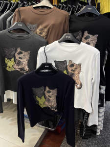 Áo Thun Nữ Dài Tay in Hình Mèo Thường Ngày Cổ Tròn Thường Ngày Mùa Hè Chống Gió Chống Thấm Nước Polyester Cotton Pha Trộn