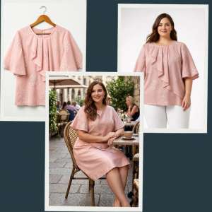 Allure Plus Clothing JODIE Blouse Short Sleeves Embellished Fabric Ruffled Front Top