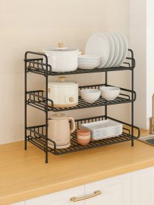 Kitchen Countertop Multi-Layer Storage Rack Dishware Spice Holder Pot Stand Metal No-Drill Installation Home Organization