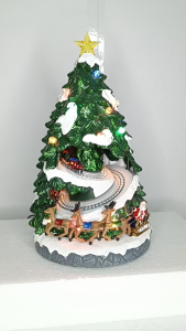 ONELINE #FC623 Christmas Village Tree Shape Santa Claus Resin - Moving Trains & Colourful LED Lights & Festive Songs