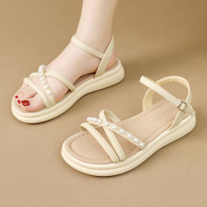 Ielgy dép Phong cách la mã nữ mũi tròn có dây cho mùa hè đế phẳng mềm