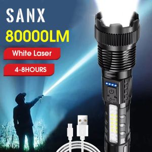 SANX 80000LM P50 High Strong Power LED Flashlights Tactical Light Emergency Spotlights Telescopic Jetbeam 1km 18650 Built-in Battery White Laser Flashlight Zoomable Search Spotlight