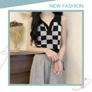 QJshop Hit💖เสื้อแฟชั่นราคาถูก เสื้อกล้ามคอปกแฟชั่น🍉เสื้อกล้ามคอปกไหมพรมลายตารางหมากรุก ใส่แล้วหุ่นดีเซ็กซี่มาก