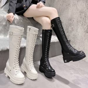 Womens Knight Boots Autumn Winter High Tube Fleece Inner Heightening Small Size Long Boot Slim High Tube Boot Belt Buckle