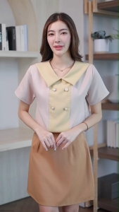 A29 เสื้อทำงานผู้หญิง :เสื้อคอปก ทำทูโทนช่วงปกและช่วงอก มินิมอล ส่วมใส่ง่าย Easter Egg