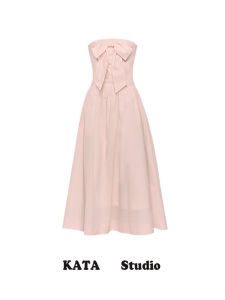 Elegant French Vintage Butterfly Knot Mid-Length Pink Dress Womens Summer Slimming Sweet Strap Dress Commute Style A-Line Skirt