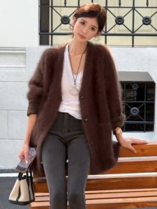 Elegant Brown Knitted Open Cardigan Lazy High-End Design Womens Autumn Sweater Jacket Small Fragrance Style Commute Style