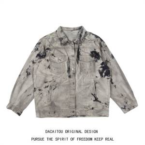 Fashion High Street Gradient Tie-Dye Ripped Denim Jacket Men and Women 2024 Spring and Autumn Fashion Brand Vibe Street Dance Dark Outwear