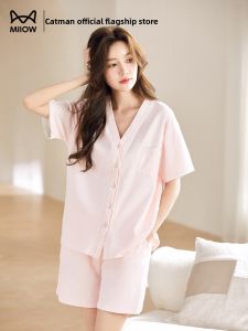 MiiOW | Pure Cotton Womens Sleepwear V-neck Short Sleeve Home Clothes Set Catman Summer Casual Comfortable Breathable Thin Fabric